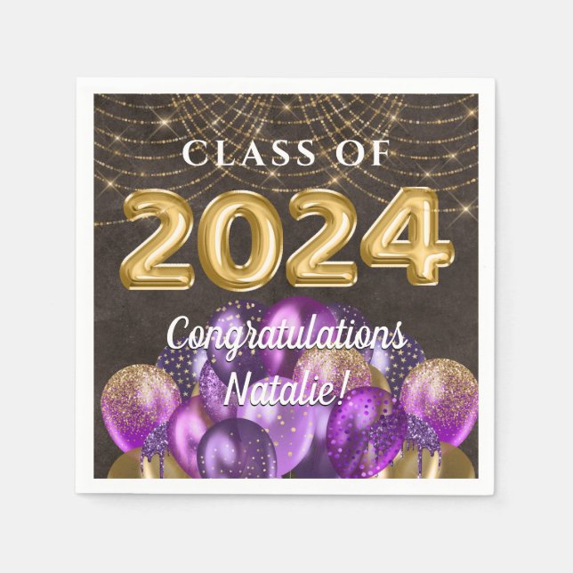 Gold Foil Purple Balloons Class of 2024 Graduation Napkin (Front)
