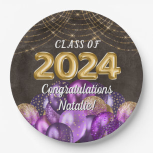 Gold Foil Purple Balloons Class of 2024 Graduation Paper Plate