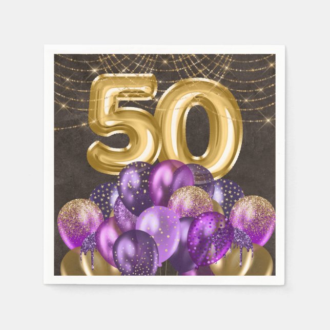 Gold Foil Purple Balloons Fifty 50th Birthday Napkin (Front)