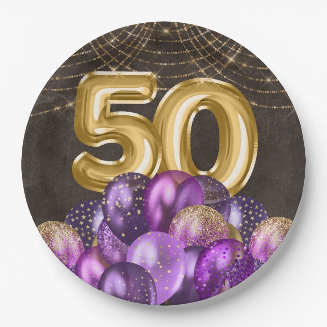 Gold Foil Purple Balloons Fify 50th Birthday Paper Plate (Front)
