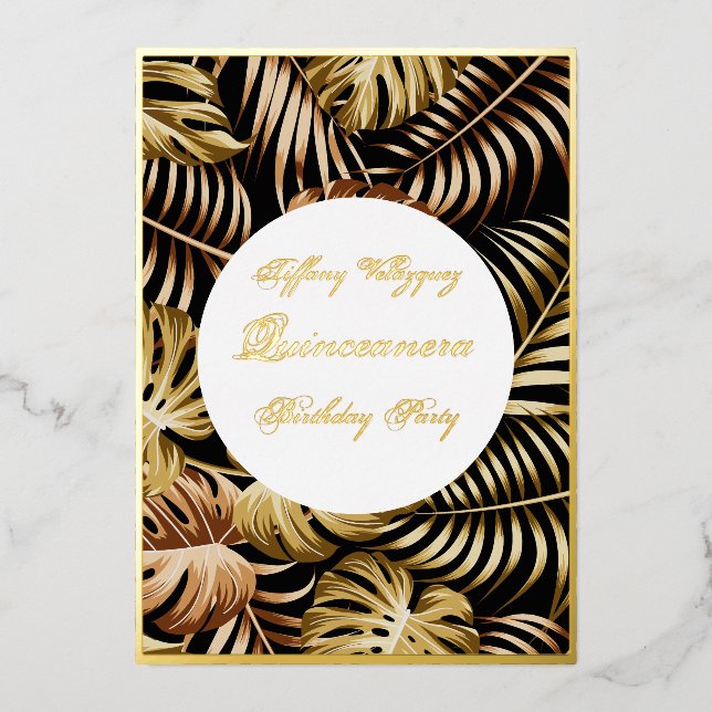 Gold foil Quinceanera invitation golden leaves (Front)