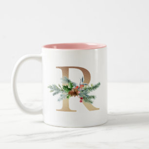 Gold Foil R  Monogram Pine & Berry  Christmas Two-Tone Coffee Mug