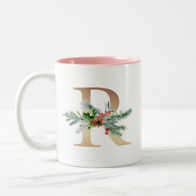 Gold Foil R  Monogram Pine & Berry  Christmas Two-Tone Coffee Mug (Left)