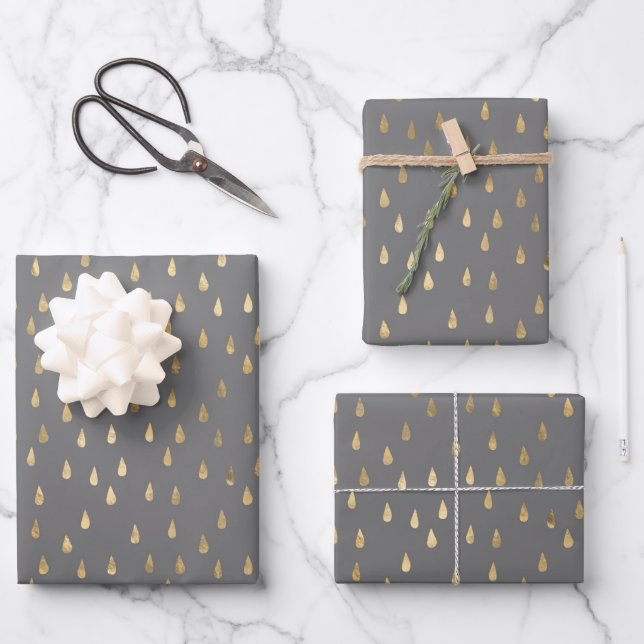 Gold Foil Raindrop Pattern Wrapping Paper Sheet (Front)
