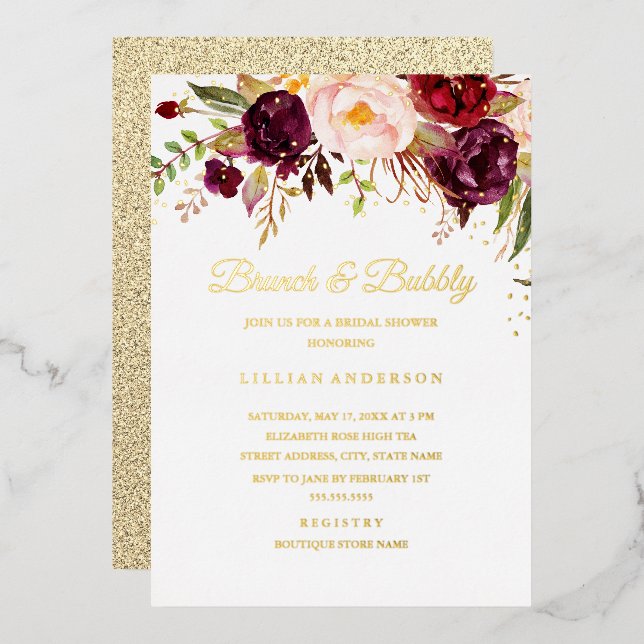 GOLD FOIL Red Burgundy Floral Brunch And Bubbly (Front/Back)