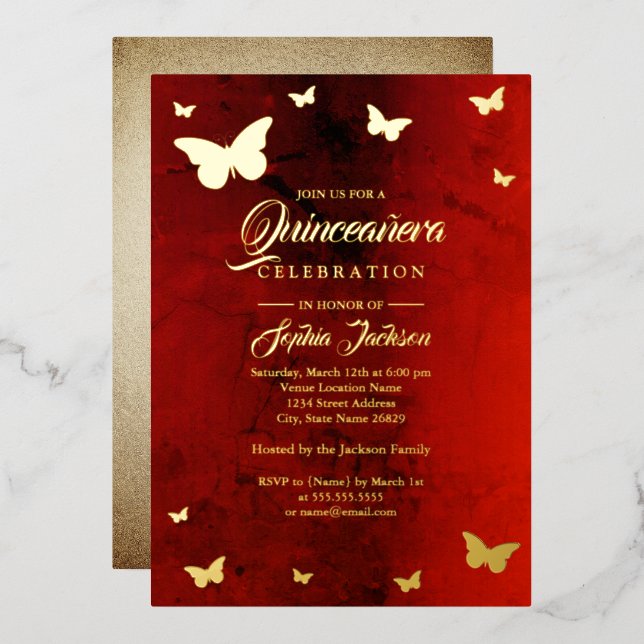 GOLD FOIL Red Butterfly Quinceanera (Front/Back)