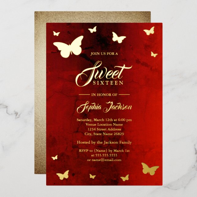 GOLD FOIL Red Butterfly Sweet 16 Party (Front/Back)