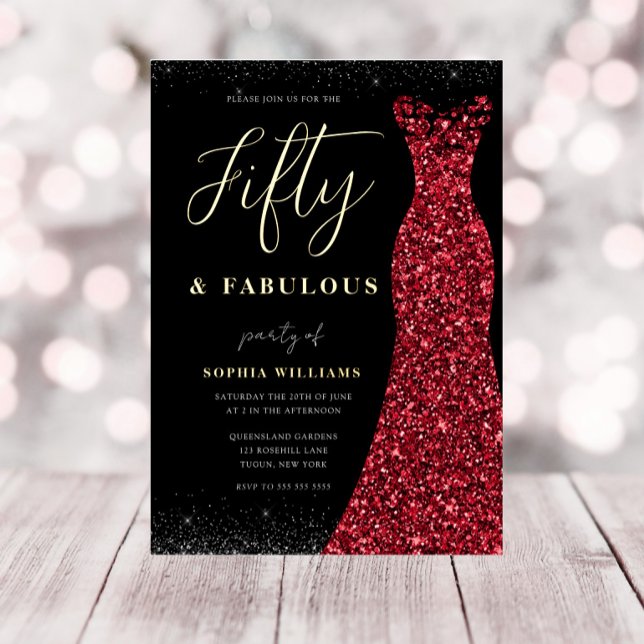 Gold Foil Red Gown Fifty & Fabulous 50th Birthday (Creator Uploaded)