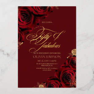 Gold Foil Red Rose Floral Fifty 50th Birthday