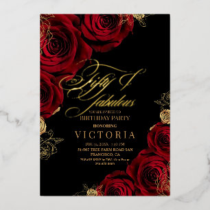 Gold Foil Red Rose Floral Fifty 50th Birthday