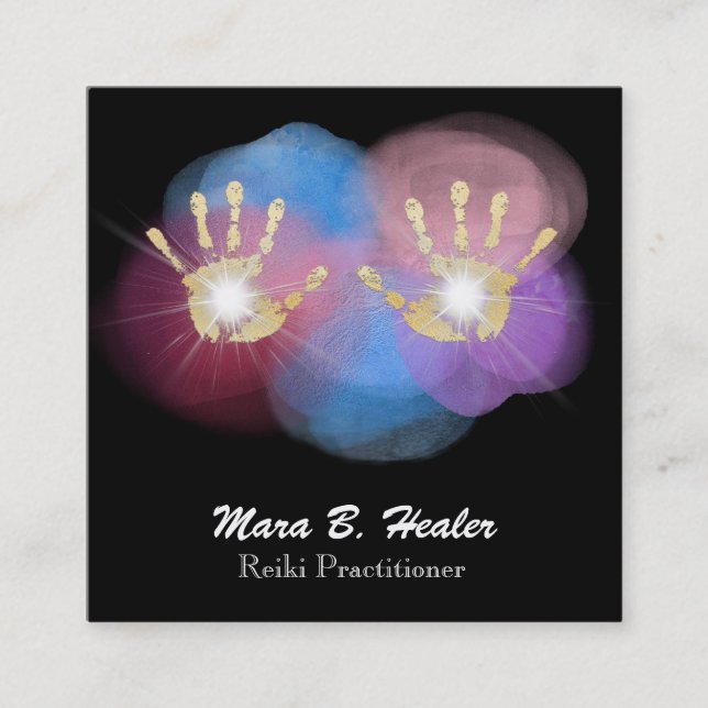 *~* Gold Foil Reiki Healing Hands Radiating Energy Square Business Card (Front)