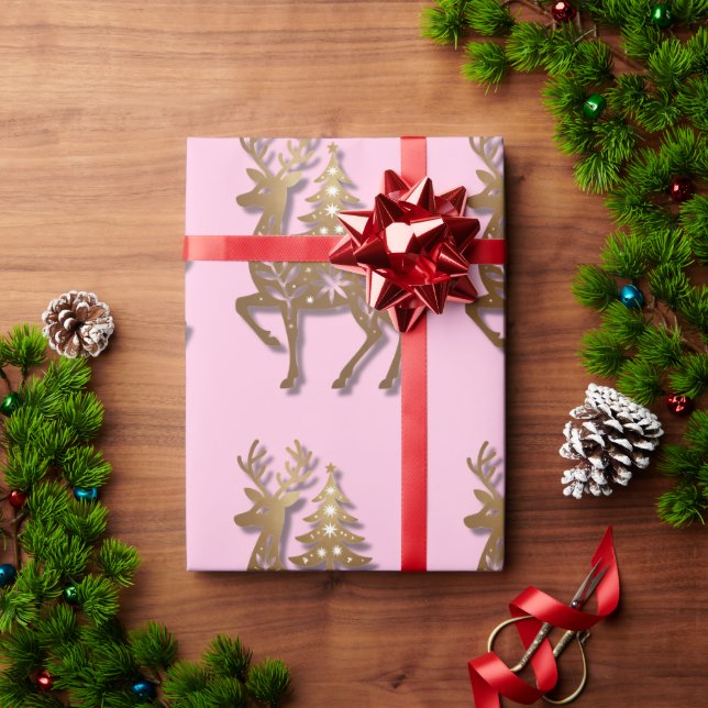Gold Foil Reindeer with a Christmas Tree  Wrapping Paper (Holiday Gift)