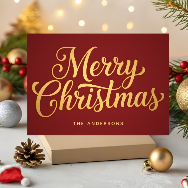 Gold Foil Retro Script Merry Christmas Holiday Card (Creator Uploaded)