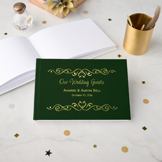 Gold Foil Rich Green Wedding  Guest Book (Front Open)
