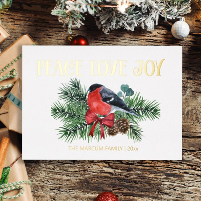 Gold Foil Robin Bird Peace Love Joy Christmas Foil Holiday Card (Creator Uploaded)