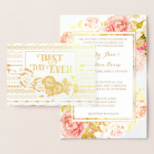 Gold Foil Rose Aztec Typography Wedding Invitation