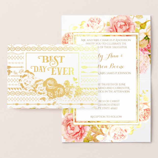 Gold Foil Rose Aztec Typography Wedding Invitation (Display)