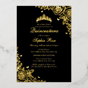 Gold Foil Rose Black Quinceanera Birthday 