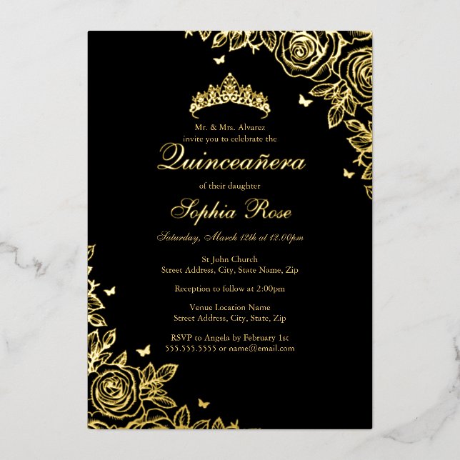 Gold Foil Rose Black Quinceanera Birthday  (Front)