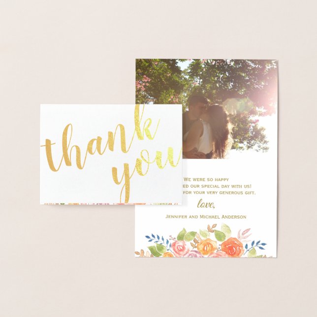 Gold Foil Rose Bouquet Thank You Photo and Name Foil Card (Display)