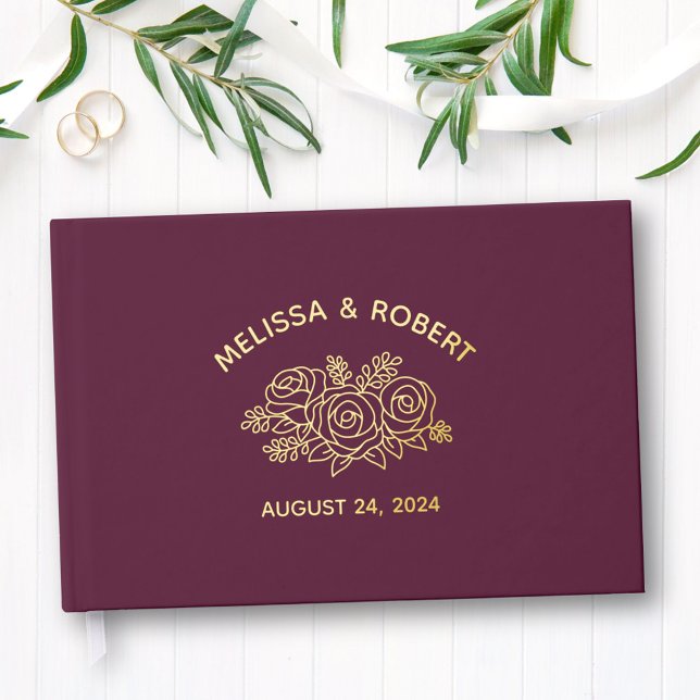 Gold Foil Rose Flowers on Burgundy Wedding Guest Book (Creator Uploaded)