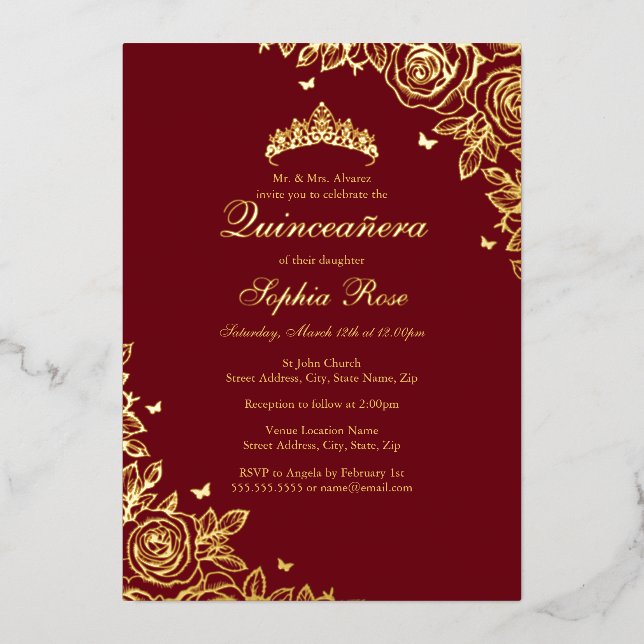 Gold Foil Rose Red Quinceanera Birthday  (Front)