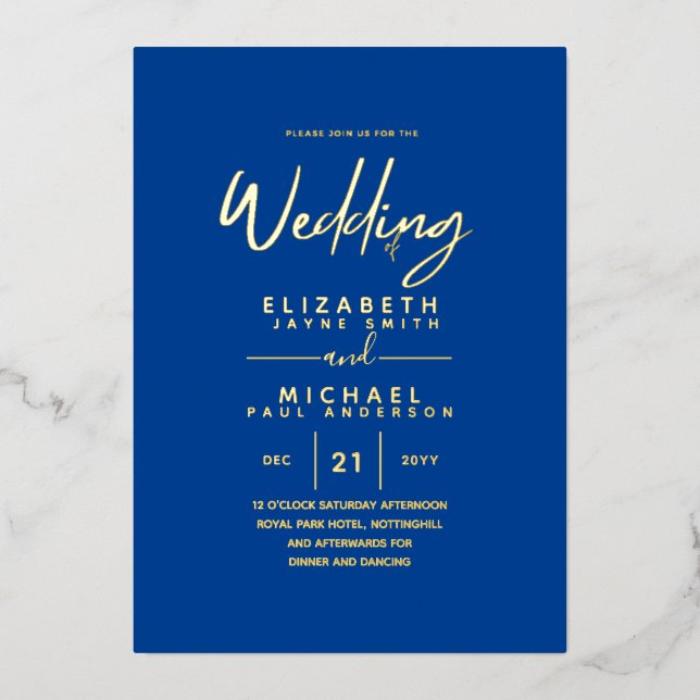 GOLD FOIL Royal Blue Modern All-in-1 Wedding Foil (Front)