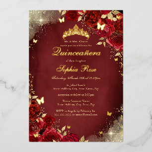 Gold Foil Royal Red Butterfly Floral Quinceanera