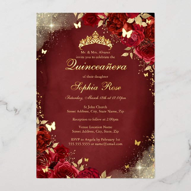 Gold Foil Royal Red Butterfly Floral Quinceanera (Front)