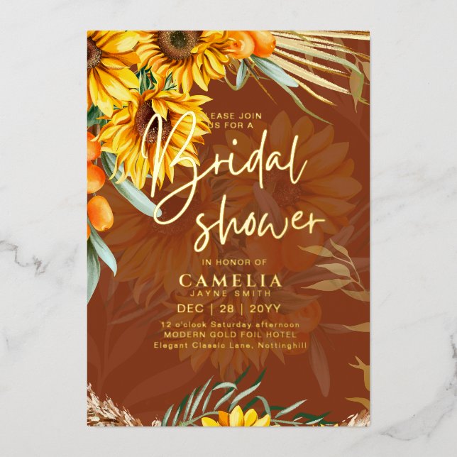 GOLD FOIL Rustic Sunflowers BRIDAL SHOWER QR Code (Front)