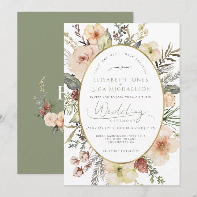 Gold Foil Sage Green Christmas Monogram Wedding Invitation (Front/Back)