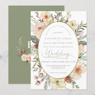 Gold Foil Sage Green Christmas Monogram Wedding Invitation