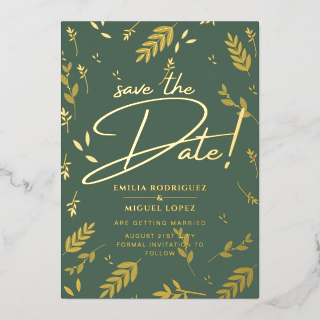 Gold Foil Sage Green Leaves Wedding Dave Date Foil (Front)