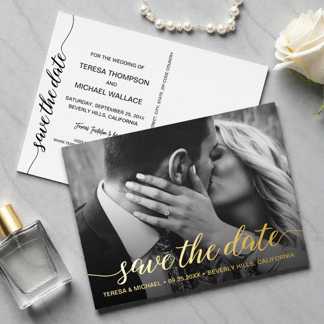 Gold foil Save the date Photo Wedding Modern Foil Invitation Postcard (Modern and elegant script real gold foil Save the Date Photo postcard.)