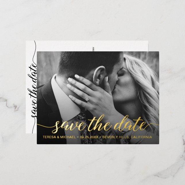 Gold foil Save the date Photo Wedding Modern Foil Invitation Postcard (Front/Back)