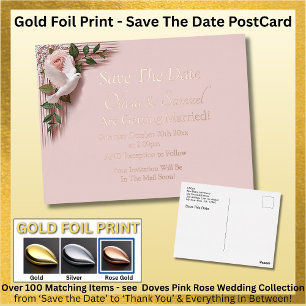 Gold Foil Save The Date Pink Roses Doves Postcard