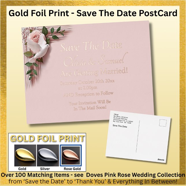 Gold Foil Save The Date Pink Roses Doves Postcard (Creator Uploaded)