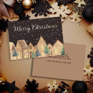 Gold Foil Scandinavian Village Houses Christmas Foil Holiday Card