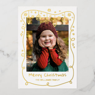 Gold Foil Scribbled Baubles Photos Merry Christmas Holiday Card