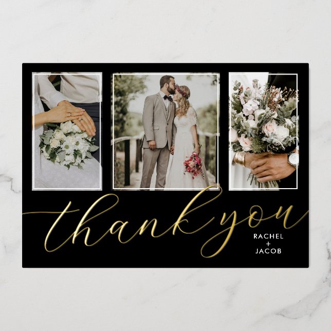 Gold Foil Script 3-Photo Wedding Thank You Card (Front)