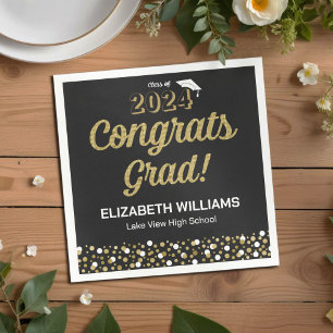 Gold Foil Script Confetti Congrats Grad Black Napkin