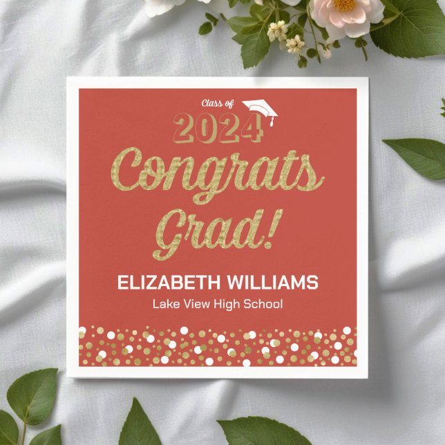 Gold Foil Script Confetti Congrats Grad Red Napkin (Creator Uploaded)