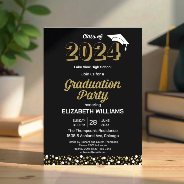 Gold Foil Script Confetti Graduation Party Black  Invitation (Creator Uploaded)