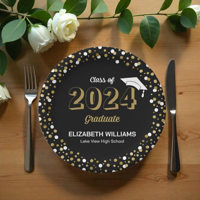 Gold Foil Script Confetti Graduation Party Black Paper Plate (Creator Uploaded)