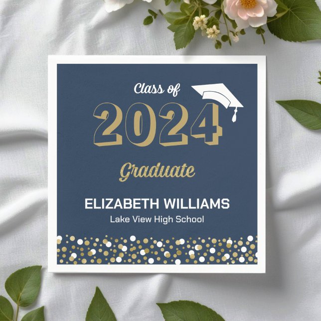 Gold Foil Script Confetti Graduation Party Blue Napkin (Creator Uploaded)