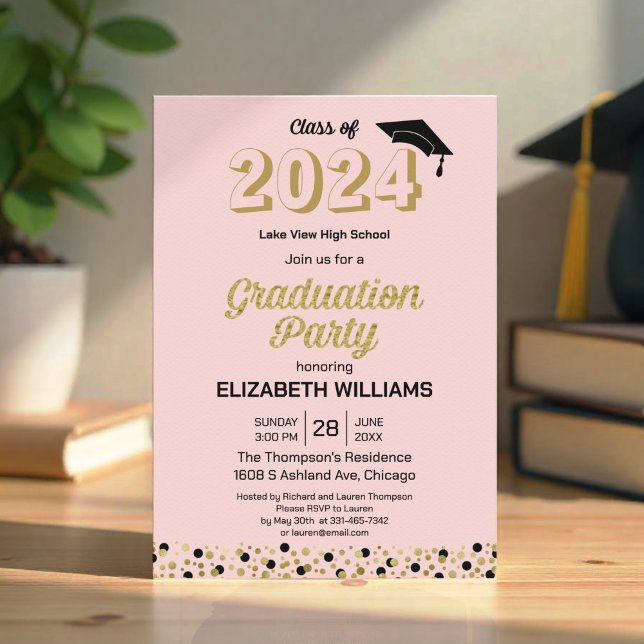 Gold Foil Script Confetti Graduation Party Pink Invitation (Creator Uploaded)