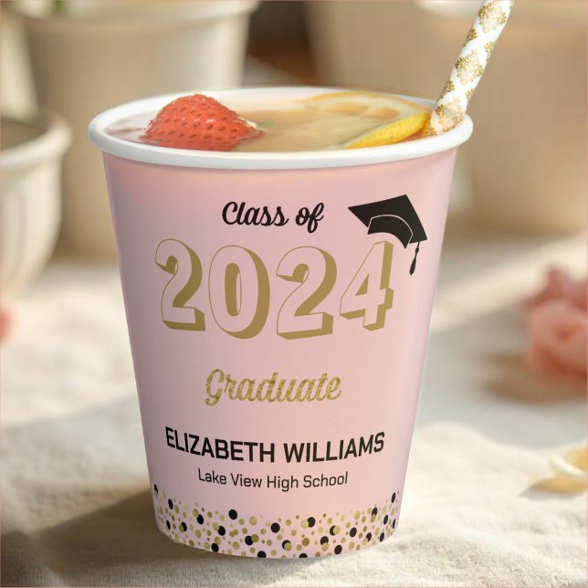 Gold Foil Script Confetti Graduation Party Pink Paper Cups (Creator Uploaded)