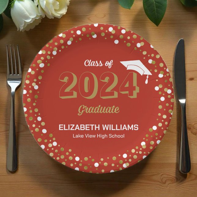 Gold Foil Script Confetti Graduation Party Red Paper Plate (Creator Uploaded)