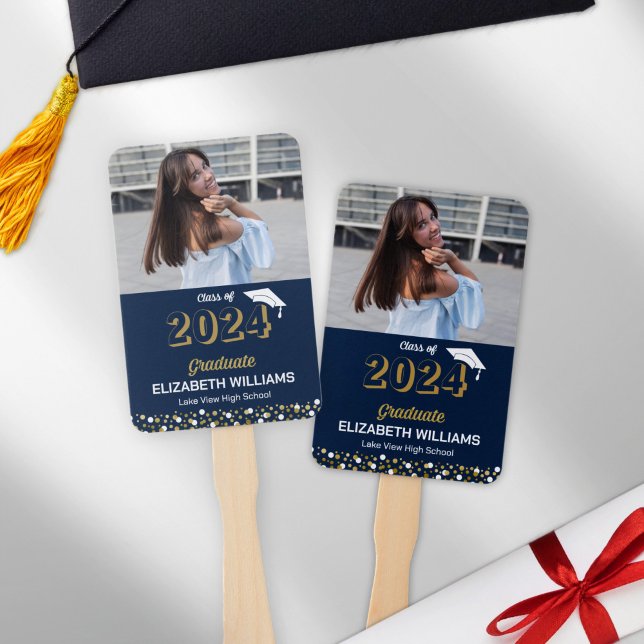 Gold Foil Script Confetti Photo Blue Grad Hand Fan (Creator Uploaded)
