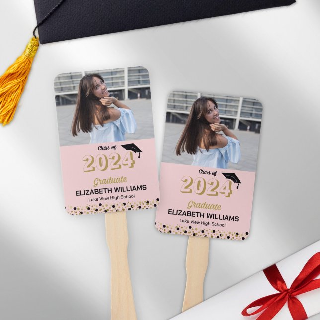 Gold Foil Script Confetti Photo Pink Grad Hand Fan (Creator Uploaded)